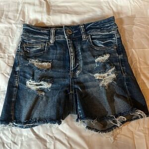 American Eagle NE(X)T LEVEL STRETCH HI-RISE SHORTIE BLUE JEAN SHORTS